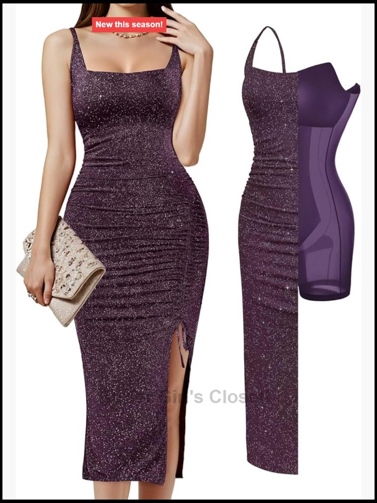 Sparkly Cocktail Dress Shapewear Midi Square Neck Ruched Waist Formal Gown With